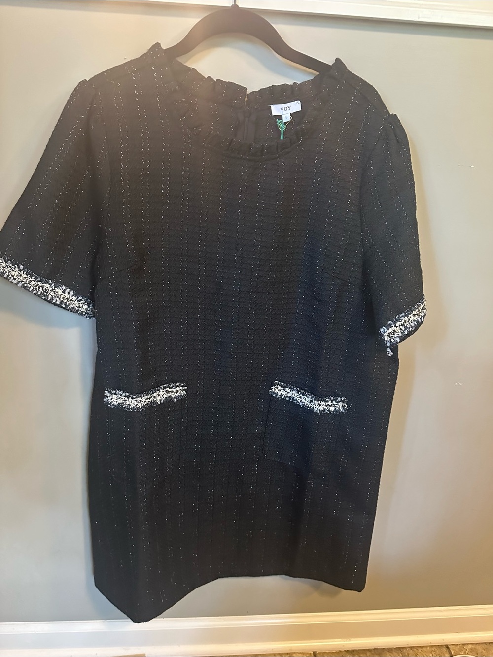 NWT Black Tweed Short-Sleeve Shift Dress with Contrast Trim